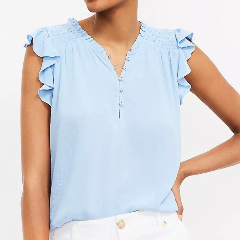 LOFT Women's Light Blue Ruffle Sleeve Mixed Media Top